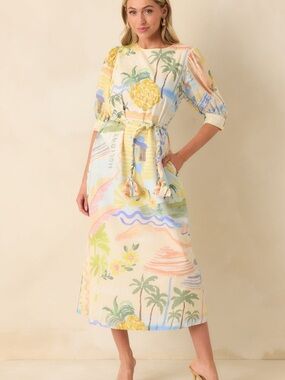 PROSPERINA NWT BRYNNE MULTI PRINT COTTON MIDI DRESS Sz XS Relaxed Fit w tie XS